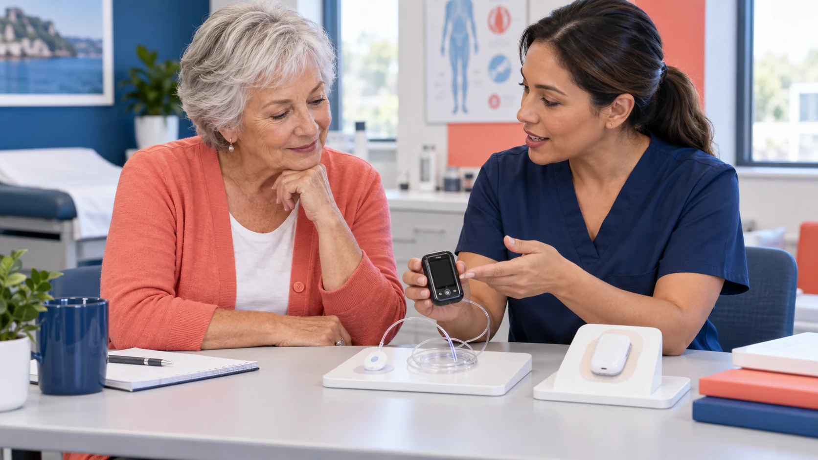 A nurse shows an older woman an insulin pump and related equipment