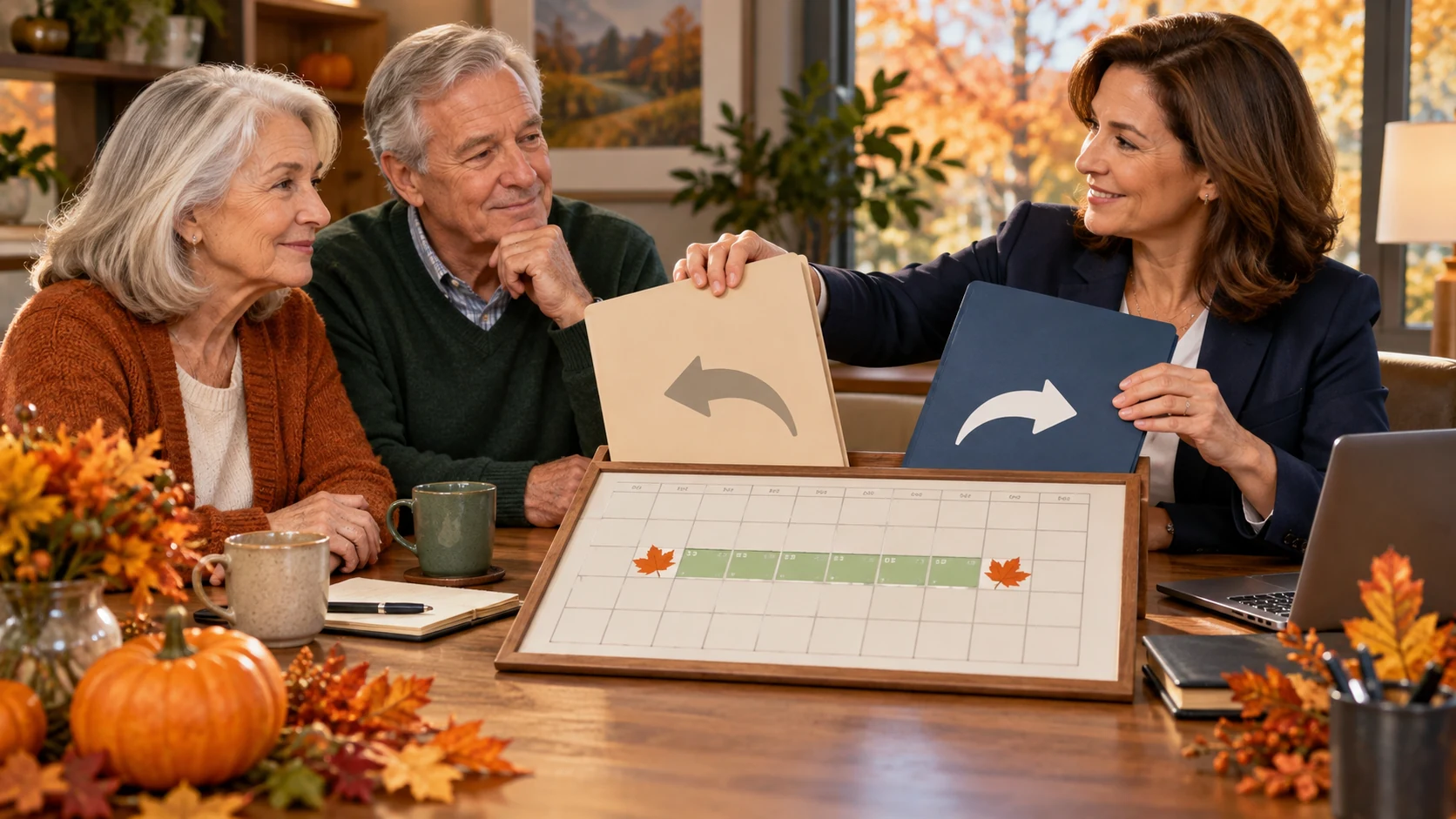 An older couple reviews a seasonal switching timeline and two direction cards with an advisor