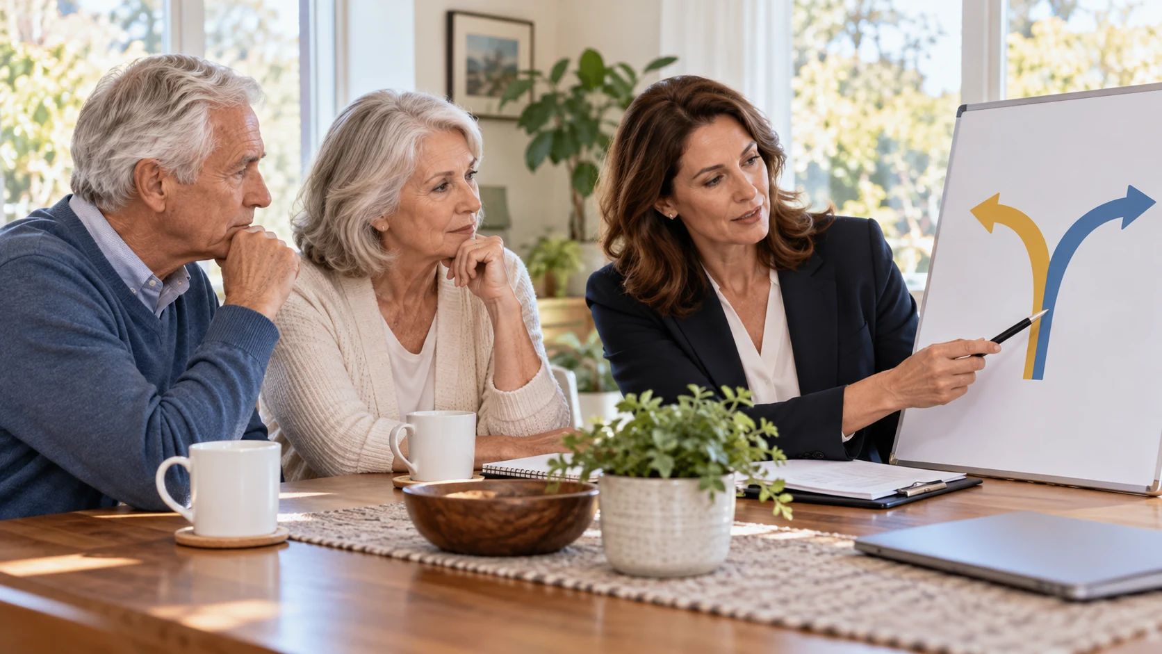 An older couple compares two diverging coverage paths with an advisor