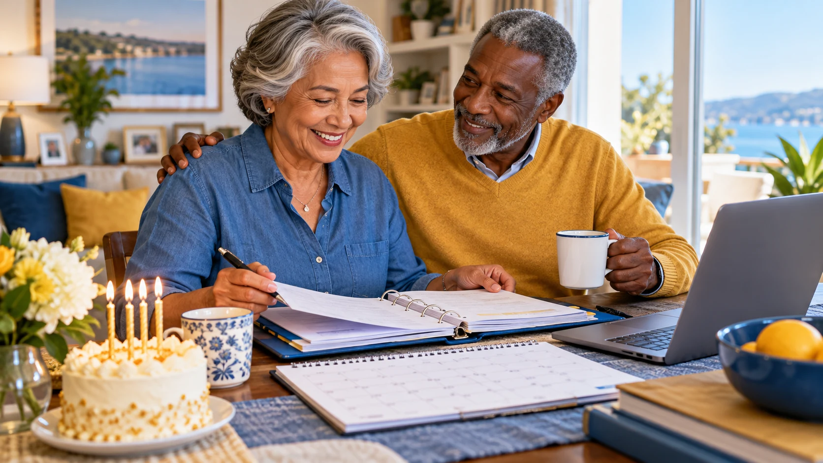 A couple marks a 65th-birthday planning calendar beside a small birthday cake