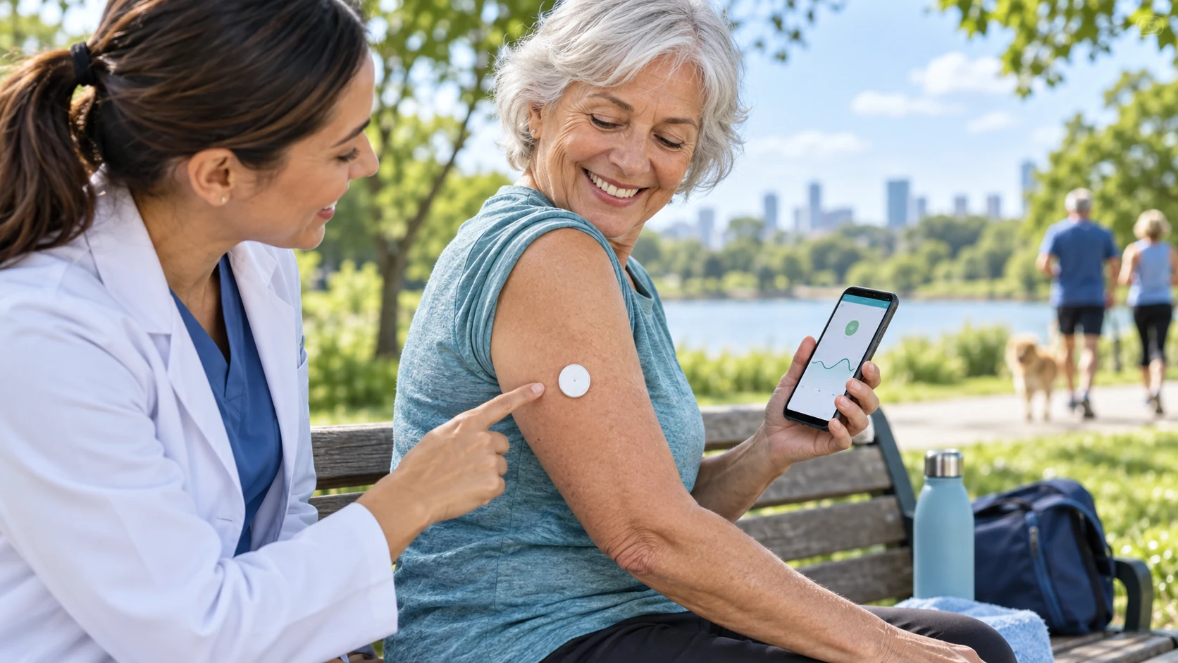 A clinician shows an older woman a continuous glucose monitor sensor and phone display outdoors