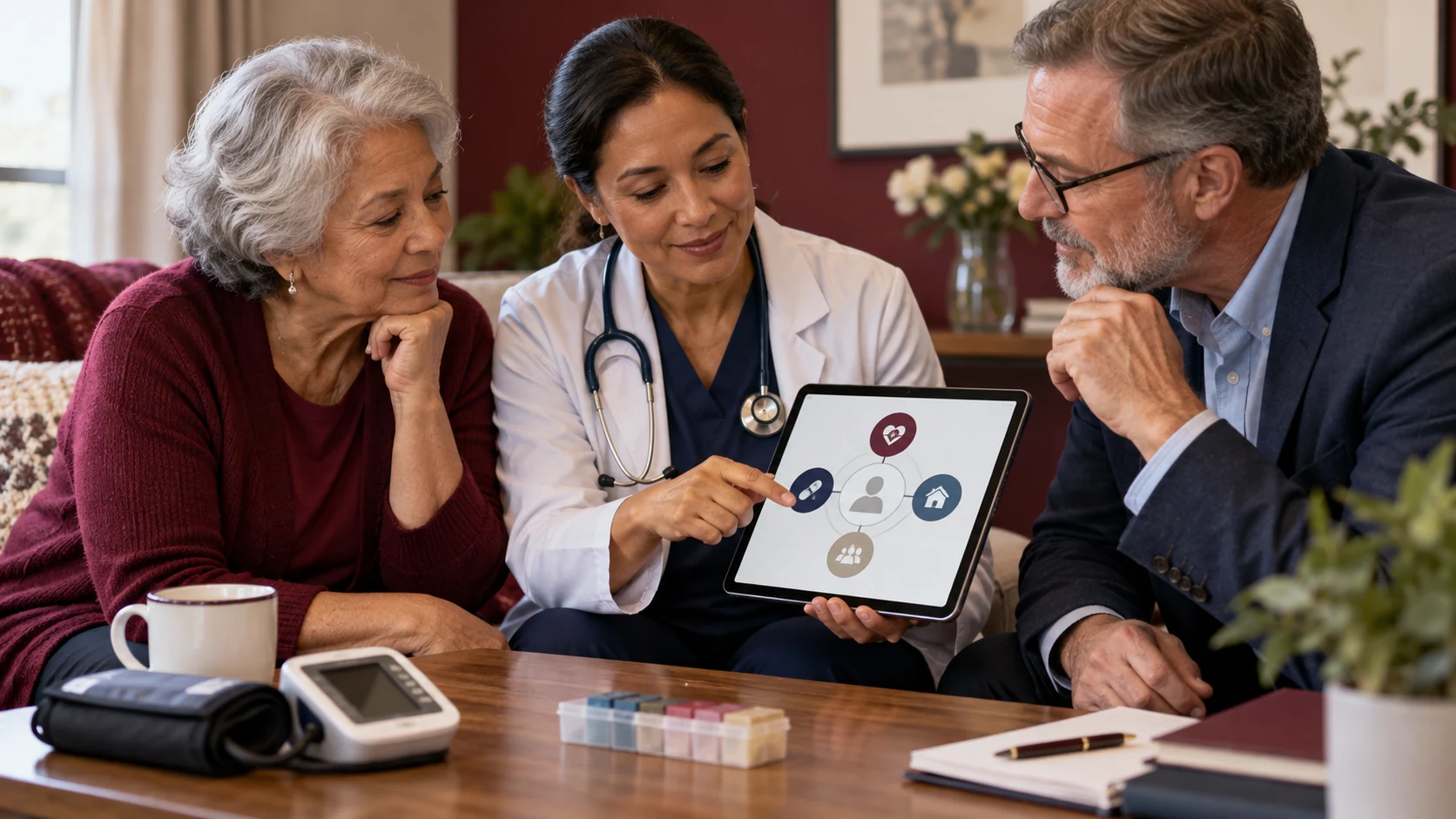 An older woman and two clinicians review a chronic-care coordination diagram on a tablet