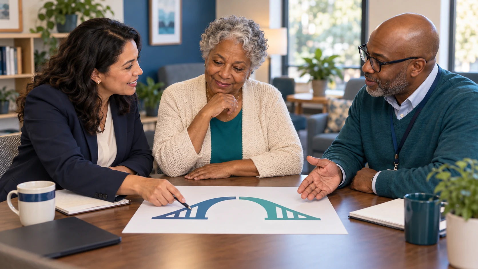 An older woman and family member review overlapping dual-coverage paths with an advisor