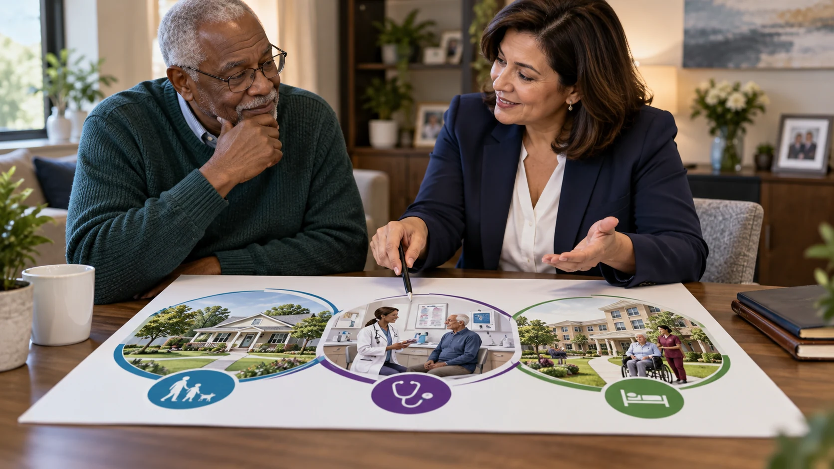 An older man reviews a care-setting and support-path illustration with an advisor