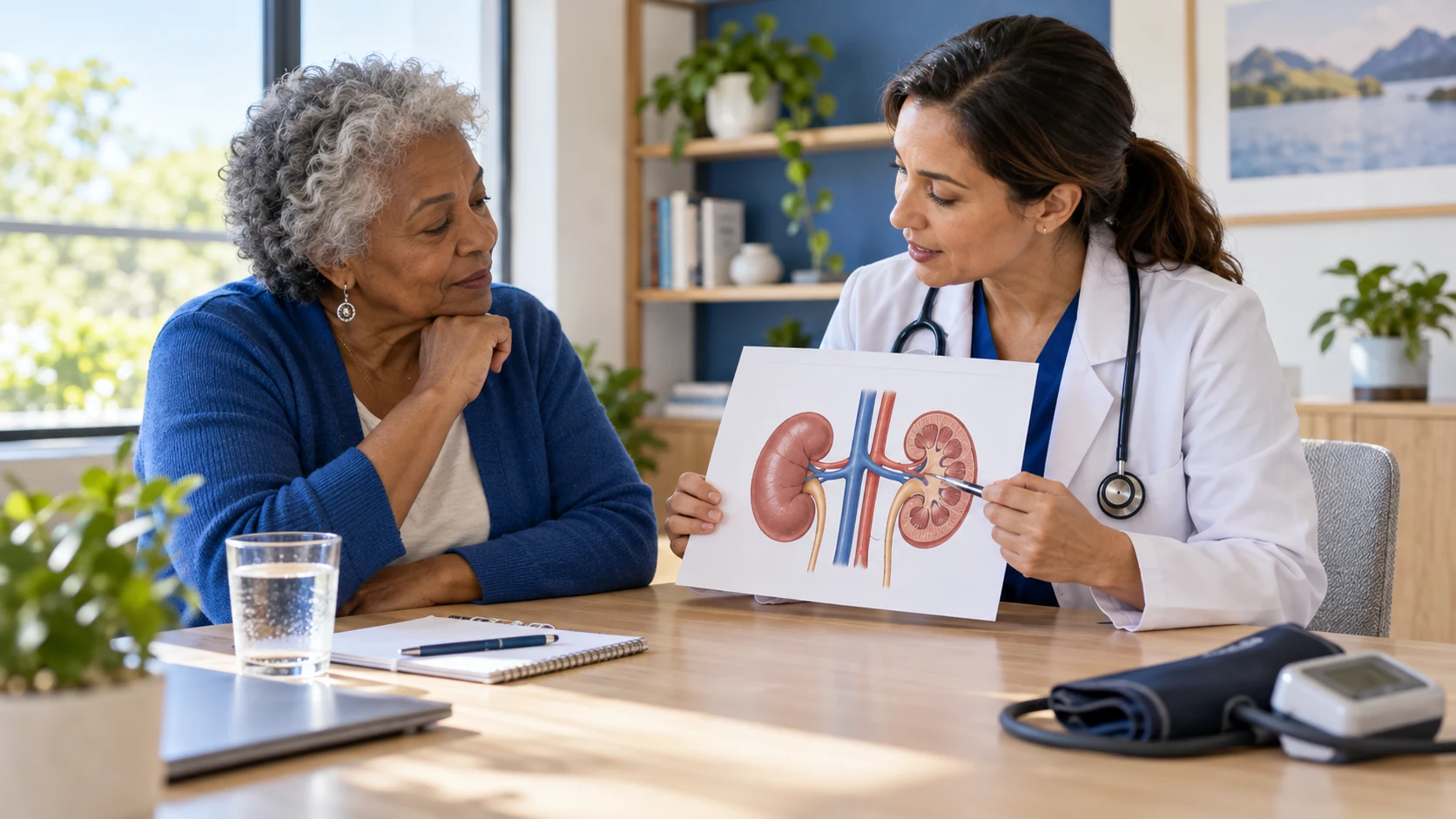 A clinician explains a kidney diagram to an older woman at a table