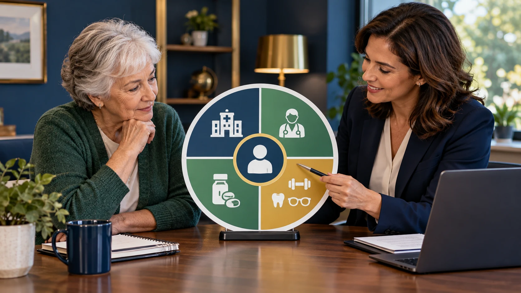 An older woman reviews a wheel of coordinated healthcare benefits with an advisor