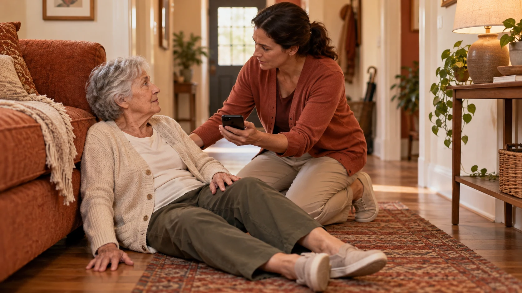 A caregiver helps an older woman who is seated on the floor after a fall at home