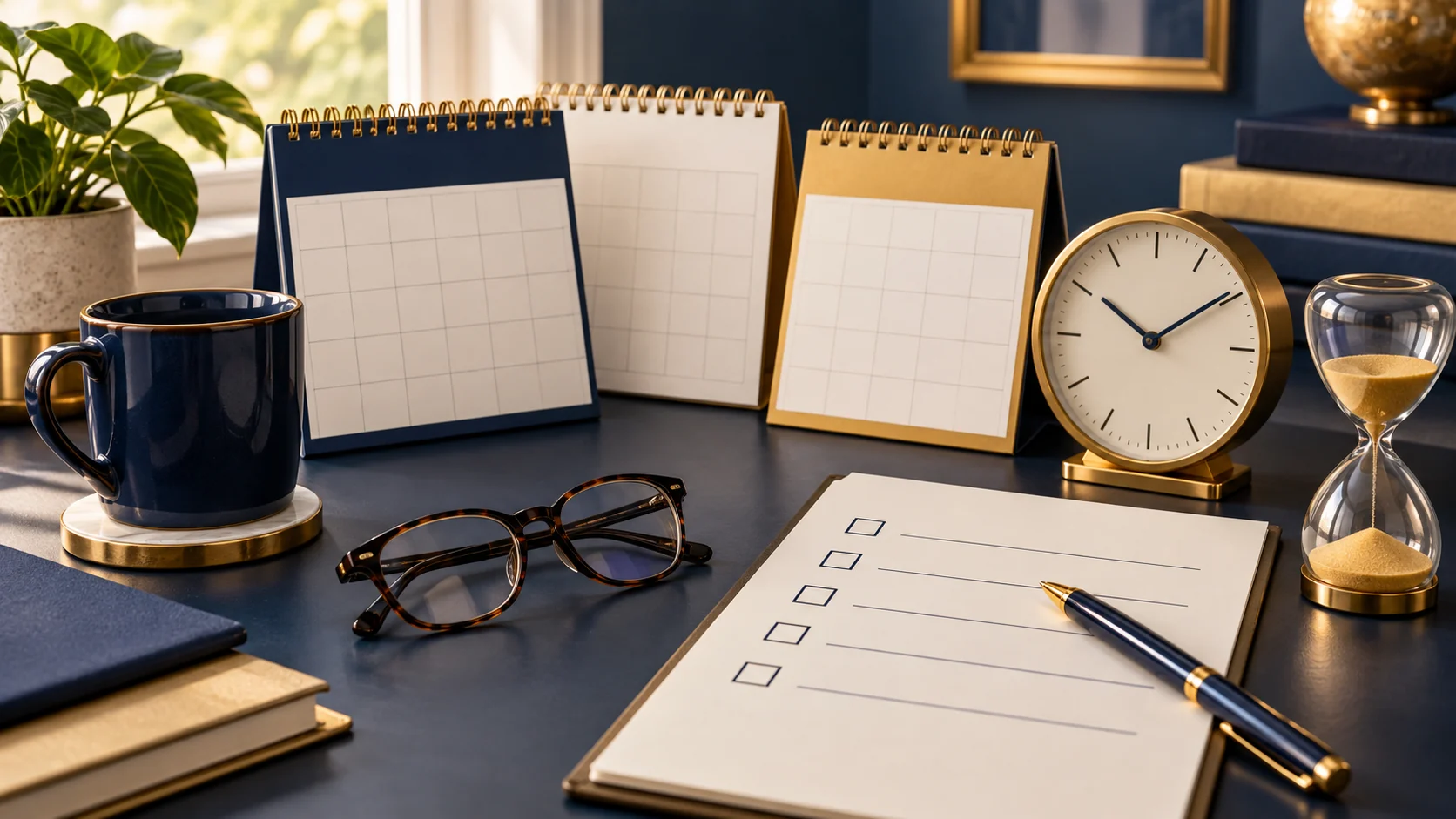 Three calendars, a clock, hourglass, checklist, and reading glasses on a desk